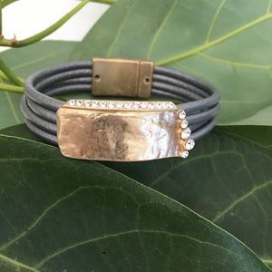 Gold Stainless Steel Art Deco Cz Leather Bracelet